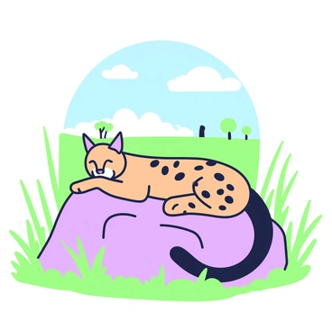 An ocelot is lying on a large, flat rock within an open savannah. The ocelot has a sleek coat with distinctive markings, blending shades of brown and black. The rock is surrounded by tall grass that sways gently in the breeze. Clear blue skies are visible above, and a few sparse clouds drift lazily. In the background, there are distant silhouettes of acacia trees dotting the horizon. The scene captures the tranquility of the warm environment as the ocelot rests peacefully.