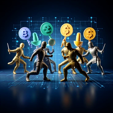 A digital landscape depicting a battle scene between cryptocurrency symbols and traditional stock symbols. On one side, there are various cryptocurrency symbols such as "₿" for Bitcoin, "Ξ" for Ethereum, and others, rendered in vibrant colors like blue, green, and gold. These symbols are portrayed as futuristic warriors, equipped with high-tech armor and weaponry. On the opposing side, traditional stock symbols like "$" for stocks and "₱" for the Philippine peso are depicted as classical knights in shining armor, complete with shields and swords. The background features a grid-like digital environment with glowing lines and circuit patterns, emphasizing the high-tech theme of the confrontation. The overall scene captures the dynamism of the battle, with both sides poised for action.