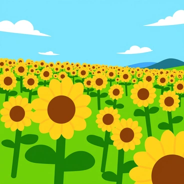 A vast field filled with bright yellow sunflowers, all facing towards "the sun." Each sunflower displays large, round yellow petals surrounding a dark brown center. The sky above is a vibrant "clear blue" with a few soft white clouds drifting by. The sunflowers sway gently in "a breeze," creating a dynamic and lively scene.