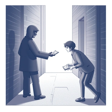 A shadowy figure stands in a dimly lit alley, partially obscured by darkness. The character has an ambiguous expression, hinting at secrecy and intent. They extend their hand, palm up, presenting a stack of cash. Opposite them, a nervous individual fidgets, their body language tense and uncertain. The person's eyes dart around, displaying anxiety as they reach out hesitantly toward the cash. The alley is lined with brick walls, and the ground is uneven, contributing to the tense atmosphere. A faint light source casts elongated shadows, enhancing the feeling of unease.