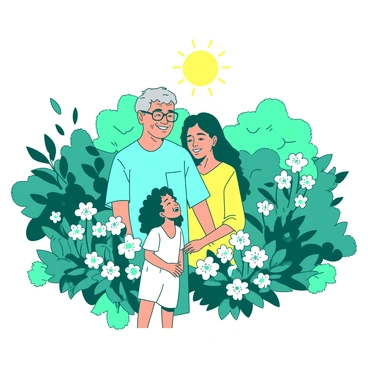 A teal garden is filled with blooming flowers and lush greenery. In the center, a grandparent with gray hair and glasses is standing, wearing a light blue shirt. Beside them, a parent with dark brown hair and a yellow shirt is smiling broadly. A small child, with curly hair and dressed in a white outfit, is standing in front of the grandparent and parent, looking up at them joyfully. All three are surrounded by vibrant flowers, and the sun shines brightly above them, creating a cheerful atmosphere.
