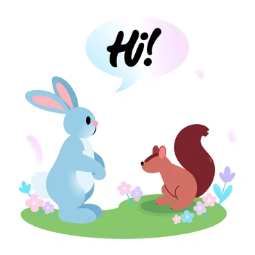 A rabbit with soft, fluffy fur and long ears is standing on its hind legs in a vibrant green meadow. Nearby, a squirrel with a bushy tail is perched on a patch of grass, both animals facing each other. Colorful wildflowers are scattered throughout the meadow, adding splashes of color around them. Above them, a large, cheerful speech bubble displays the words "Hi!" creating a sense of interaction between the two creatures. The sky is painted in gradient pastel colors, enhancing the lively atmosphere of their meeting.