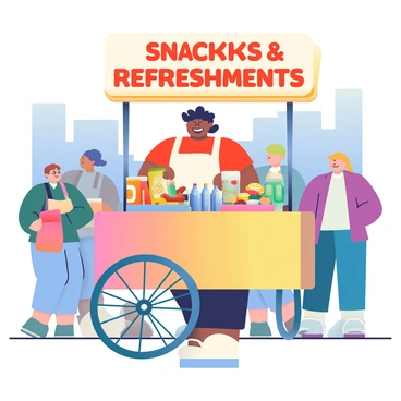 A street vendor with dark hair is standing behind a colorful cart filled with assorted snacks and drinks. The cart is adorned with bright signage that reads "Snacks & Refreshments" in bold letters. The vendor is wearing a white apron over a red shirt and is smiling at a group of passersby. Various snacks, such as bags of chips, hot dogs, and fresh fruit, are displayed neatly on the cart. Beside the snacks, a cooler is visible, containing cold drinks in vibrant packaging. The background features a bustling city scene with people walking by, tall buildings, and a clear blue sky.