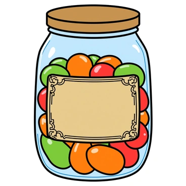A clear glass jar filled with vibrant amla candies in various colors including green, orange, and red. The candies are shiny and have a glossy finish, reflecting light. The jar has a round shape with a thick glass base and a slightly tapered neck. A vintage label is affixed to the front of the jar, featuring ornate lettering and decorative elements, giving it a classic appearance. The label has a faded, nostalgic look with intricate borders. The background is simple and uncluttered, allowing the jar to be the focal point of the image.