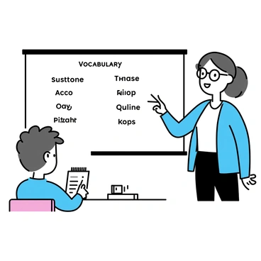 A young woman, wearing glasses and a blue cardigan, stands beside a whiteboard. She is pointing at the board, which is filled with neatly written vocabulary words in black marker. A teenage boy, seated at a table, is attentively looking at the board, taking notes in a notebook. The room has a simple design with minimal decorations, focusing on the learning activity.
