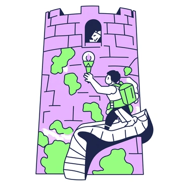 An adventurer is climbing an ancient tower that features winding stone stairs. The tower is constructed from large, weathered stones, showcasing cracks and moss growing in the crevices. The stairs spiral upward, creating a sense of ascent. The adventurer, wearing a rugged leather outfit and a backpack, is using one hand on the wall for support while the other holds a torch that illuminates the path ahead. Shadowy figures can be seen lurking in the corners of the stairwell, adding a sense of mystery. Above, a small window lets in a beam of light, casting interesting shapes on the stone walls.