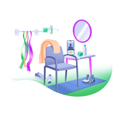 A modern pastel illustration showing a creative home workout setup. In the center, there is a sturdy chair with a rolled-up towel draped over the backrest. Beside the chair, a set of colorful resistance bands are neatly organized. On the floor, a yoga mat is laid out, and next to it, there are two water bottles and a pair of sneakers. A small table nearby holds a smartphone displaying a workout video. Above the chair, a wall-mounted mirror reflects the scene. Each element is arranged to highlight an imaginative use of everyday items for leg extensions.