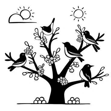 A group of cedar waxwings perched on branches, surrounded by an abundance of ripe berries. Some birds are actively pecking at the berries, while others are sitting closely together, creating a sense of community. The background features a clear sky with the sun shining brightly, casting shadows on the branches. The scene captures the lively activity of the birds as they enjoy their feast, with scattered berries on the ground below.