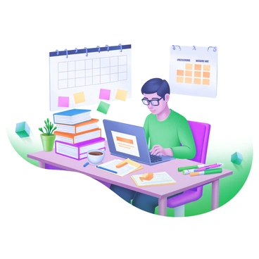A modern pastel illustration depicting a student sitting at a wooden desk covered with various textbooks and study materials. The student, wearing glasses, is focused on writing notes with a pen while surrounded by colorful sticky notes. An open laptop is present on the desk, displaying a study guide. A cup of coffee sits nearby, along with a stack of pens and highlighters. A small potted plant adds a touch of greenery to the scene. In the background, a calendar on the wall highlights upcoming exam dates.