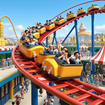 A thrilling roller coaster with a series of brightly colored cars racing down a steep, twisting track. The track loops and spirals, showcasing intricate designs and sharp turns. In each car, you can see a diverse group of people, their faces filled with expressions of exhilaration, fear, and excitement. Some have their hands raised in the air, while others are gripping the safety bars tightly. The background features a vibrant amusement park with colorful lights, cotton candy stands, and excited onlookers watching the ride. The sky is clear blue, enhancing the overall lively atmosphere of the scene.