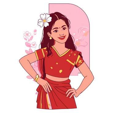 A Bengali girl is standing gracefully, posing for a family portrait. She is wearing a vibrant red saree embellished with intricate golden patterns. Her long black hair is styled elegantly, adorned with fresh white jasmine flowers. The background features soft hints of a traditional Bengali setting, with subtle decorations that complement her attire. The girl's expression is joyful, and her hands are delicately placed on her hips, showcasing confidence and pride in her cultural heritage.