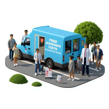 A mobile health van with a bright blue exterior parked on a tree-lined street in a neighborhood. The van has large, inviting graphics that promote "Free Heart Screening Tests" in bold, white letters. A friendly healthcare professional, wearing a lab coat and a stethoscope around their neck, stands next to the open side door of the van, welcoming residents. Several people of diverse backgrounds, including an elderly woman with gray hair and a young man with glasses, are approaching the van, looking curious and engaged. Nearby, there are health pamphlets displayed on a small table, showcasing information on heart health and wellness.