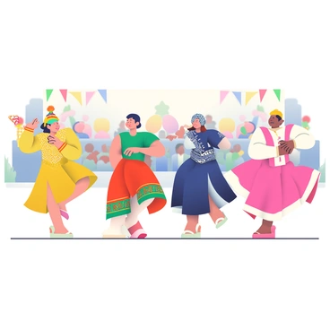 A group of four performers is dancing at a cultural festival, each wearing traditional Thai costumes. The first performer on the left has a golden yellow outfit adorned with intricate patterns, complemented by a traditional headdress featuring colorful feathers. The second performer, next to her, wears a vibrant red and green ensemble with detailed embroidery, and is holding a decorative fan. The third performer showcases a deep blue costume with shimmering sequins and a unique mask that enhances the dramatic aspect of the dance. The fourth performer, on the far right, is dressed in a bright pink and white outfit, twirling with grace and wearing delicate jewelry. The background features colorful decorations and a crowd of spectators admiring the performance.