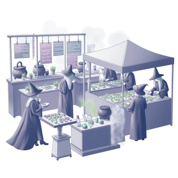 A bustling market scene filled with various stalls. Each stall is adorned with colorful banners and signs. Witches, dressed in traditional robes and pointed hats, are engaging with customers. One witch is weighing magical herbs on a set of scales, while another is displaying a collection of enchanted trinkets laid out on a wooden table. The market is alive with activity, as people browse the goods and exchange lively conversation. Various herbs are tied in bundles, and trinkets glimmer under the sunlight. A large cauldron sits on one of the stalls, with smoke rising from it, adding to the atmosphere of enchantment.