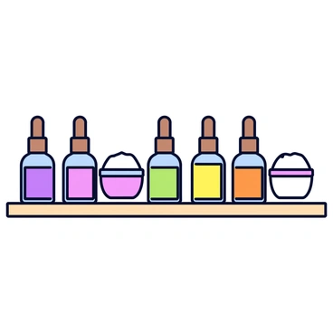 An assortment of essential oils displayed in small, clear glass bottles with wooden droppers. The bottles are filled with various colors of oils, including lavender purple, eucalyptus green, and orange citrus. Next to the oils, there are small containers of bath salts in shades of white and pink, each labeled with the scent. The items are arranged neatly on a light wooden shelf with a smooth finish. Each bottle and container is spaced evenly, creating an organized and inviting presentation.