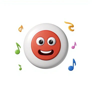 A cartoonish smoke detector with a round white body and a circular red light in the center. It has a smiling face, with two large cartoonish eyes and a wide grin. Surrounding the smoke detector are colorful musical notes in various sizes, indicating an alarm sound. The background is simple and light to enhance the playful nature of the illustration. The overall composition conveys a fun and light-hearted mood.
