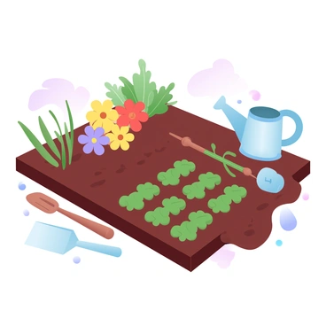 A small garden plot with freshly dug soil is being expanded. Groups of vibrant flowers in various colors, such as reds, yellows, and purples, are being carefully arranged in one section of the garden. Nearby, several rows of leafy green vegetables, including lettuce and spinach, are planted in neat lines. Gardening tools, such as a trowel and watering can, are placed beside the plot. Sunlight casts gentle shadows across the scene, highlighting the rich texture of the soil and the bright colors of the plants.