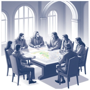 The Fellowship of the Ring is seated around a large, intricately carved wooden table in a spacious room filled with elegant arches and detailed woodwork. Each member of the fellowship is engaged in animated conversation, sharing stories and examining maps spread across the table. Elrond, with long, dark hair and an ornate robe, gestures towards a detailed map, while Gandalf leans forward, his staff resting beside him. Legolas, with his fair hair and pointed ears, looks contemplative, while Gimli, with his braided beard, listens intently. Aragorn, dressed in rugged attire, and Boromir, wearing his armor, exchange glances filled with purpose. Frodo, Sam, Merry, and Pippin are also present, their expressions reflecting curiosity and determination. The warm light from the large windows illuminates the room, casting gentle shadows across the table and the faces of the fellowship.