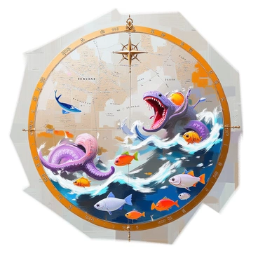A vintage maritime map filled with intricate illustrations of mythical sea creatures and various fish. The map has a weathered texture, giving it an aged appearance, with antique compass roses and ornate borders. Creatures like a kraken and mermaids are depicted amidst swirling waves and currents. Different species of fish are illustrated in detailed, vibrant colors, swimming alongside the mythical beings. The map includes cartographic details such as labels for various oceans and sea routes, enhancing its maritime theme.