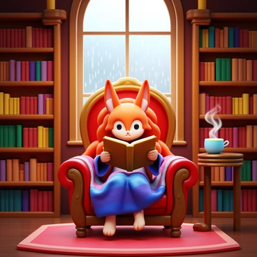 A humanoid fox spirit with nine tails, named "Ahri", is sitting comfortably in an ornate armchair. She is surrounded by shelves filled with various books. A warm golden light from the flickering candles casts soft shadows around the room. Rain is visible through a large window, with droplets streaming down the glass. Ahri is holding an open book in her hands, deeply focused on the pages. A plush, colorful blanket is draped over her lap, adding to the cozy atmosphere. A steaming cup of tea rests on a small table beside her, completing the tranquil scene.