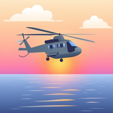 An NH90 helicopter is flying over a vast ocean. The helicopter has a dark gray body with distinctive rotor blades extended. Below, the ocean is reflecting the warm colors of the vibrant sunset, showcasing shades of orange, pink, and purple blending together. Gentle waves ripple across the surface of the water, adding texture to the scene. The sky is filled with clouds that are illuminated by the sunset, creating a dramatic backdrop for the helicopter as it glides through the air.