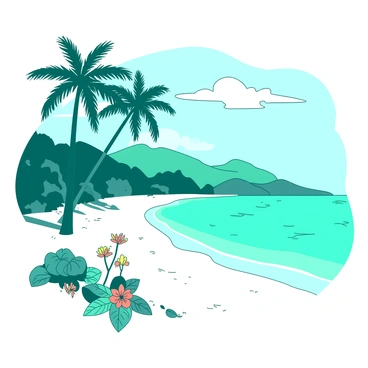 A teal tropical island features expansive white sandy beaches that gently slope into clear blue waters. Tall, slender coconut palms sway in the warm breeze, their fronds creating patterns against the bright sky. In the foreground, small clusters of colorful tropical flowers bloom near the shoreline. In the distance, soft rolling hills covered in lush green vegetation rise, offering a contrasting backdrop to the vibrant beach scene.