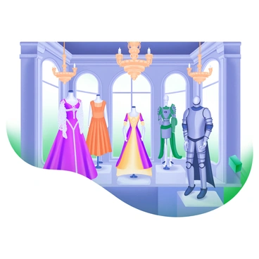 A grand hall filled with elegant mannequins dressed in various historic costumes from different eras. Each mannequin showcases distinct outfits, such as a Victorian gown with intricate lace details, a Renaissance dress adorned with rich fabrics, and a medieval knight's armor reflecting metal textures. The hall features tall arched windows allowing soft light to illuminate the costumes, while opulent chandeliers hang from a high ceiling. Decorative columns line the sides of the hall, enhancing the grandeur of the exhibition. 