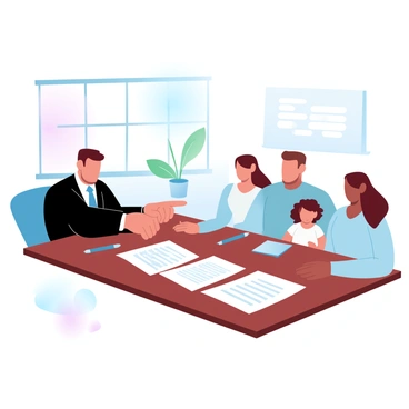 An attorney is sitting at a large wooden table with a family consisting of four members. The attorney, dressed in a formal suit, is pointing at a document spread out on the table. The family members, including a middle-aged couple and their two adult children, are attentively looking at the document. There are several pens and notepads on the table, as well as a small potted plant in the background. The room is filled with soft, gradient pastel colors, creating a calm and welcoming atmosphere. A large window lets in natural light, illuminating the scene.