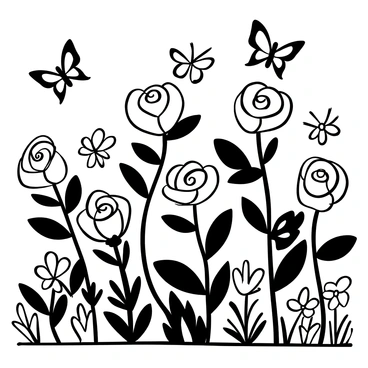 A garden filled with blooming roses of various sizes and shapes, each rose detailed with petals unfurling and leaves surrounding them. There are several butterflies fluttering between the roses, with intricate wing patterns depicted. The scene includes blooming greenery and hints of other flowering plants in the background, enhancing the garden atmosphere. The composition captures the essence of spring through the abundance of flowers and the movement of butterflies.