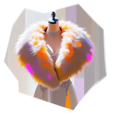 A close-up view of a luxurious fur stole elegantly draped over a glamorous evening gown. The stole is rich in texture, featuring thick, soft fur with deep hues that catch the light. The evening gown beneath is adorned with intricate beadwork and glimmers softly. The neckline of the gown is gracefully highlighted, showcasing its sophisticated design. Delicate shadows emphasize the plushness of the fur against the smooth fabric of the dress.