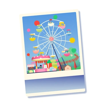 A matchbox is displayed prominently, featuring a colorful carnival scene. The illustration includes a tall Ferris wheel with brightly lit cabins in various colors, spinning against a vivid blue sky. Surrounding the Ferris wheel are several carnival rides, such as a merry-go-round adorned with painted horses and a roller coaster with steep drops. Balloons in a variety of hues, including red, yellow, green, and blue, float in the air above the rides. At the bottom of the matchbox, there are vibrant carnival stalls selling cotton candy and popcorn, adding to the festive atmosphere.