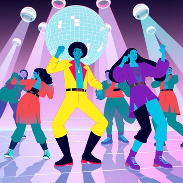 A vibrant retro disco scene filled with dynamic movement and energy. Several people are dancing energetically on a polished dance floor, illuminated by colorful lights reflecting off a large, sparkling disco ball hanging from the ceiling. A group of individuals, including a man with an afro hairstyle dressed in a bright yellow polyester suit and a woman in a bold purple dress with flared sleeves, are striking dance poses. Others in the background wear a mix of orange and green outfits with wide lapels and platform shoes. The atmosphere is lively with vivid colors and rhythmic patterns.