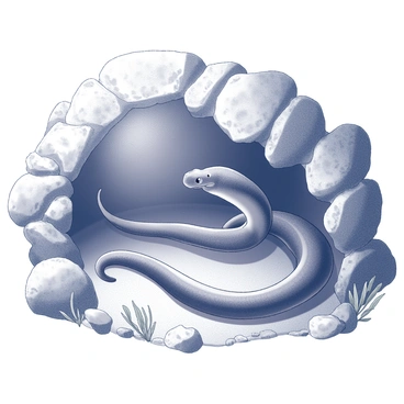 A moray eel is coiled within a rocky underwater cave. The eel's elongated body is partially hidden among jagged rocks and crevices. The cave features rough surfaces and varying sizes of stones, creating a natural habitat for the eel. Light filters gently into the cave from the entrance, casting soft shadows on the eel's skin. The surrounding environment is filled with textures from the rocks, and small marine plants may be visible along the cave walls.