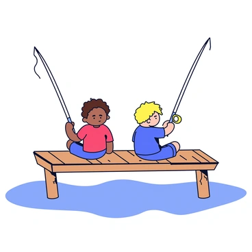 Two kids with fishing poles are sitting on a wooden dock. The first kid has short brown hair and is wearing a red shirt. The second kid has curly blonde hair and is dressed in a blue t-shirt. Both kids are looking eagerly at their fishing lines which are extended into the water. The dock has a weathered, light brown wood texture with some visible knots. The water beneath the dock is calm and reflects the blue sky above.