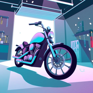 A garage filled with tools and equipment, showcasing a polished motorcycle reflecting light. Sunlight streams through an open garage door, casting bright rays onto the motorcycle’s chrome surface, highlighting its sleek design and vibrant colors. Shadows stretch across the concrete floor, creating an interplay of light and dark. Dust particles float in the warm beams of sunlight, enhancing the atmosphere of the scene.