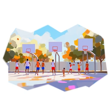 A scene depicting multiple basketball courts, each featuring basketball hoops at varying heights to illustrate equivalent ratios. The courts are arranged side by side, showcasing a progression of hoop heights from low to high. Each hoop is clearly visible and labeled with its corresponding height measurement. Players of diverse appearances are engaging with the hoops, some shooting the ball while others are taking practice shots. The background includes a clear sky and trees lining the sides of the courts, enhancing the outdoor atmosphere.