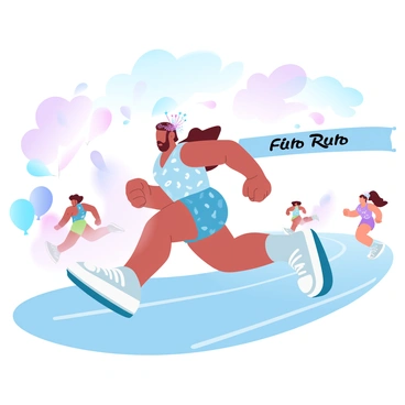 A marathon participant is running energetically in a vibrant costume made of bright, mixed fabrics. The costume features whimsical patterns and bold colors that stand out against the running track. The participant's arms are pumping at their sides, and they are wearing a headpiece adorned with playful embellishments. In the background, other runners are visible, each in various colorful outfits, adding to the festive atmosphere. Balloons in multiple colors are floating nearby, and a banner with the word "Fun Run" is stretched across the finish line.