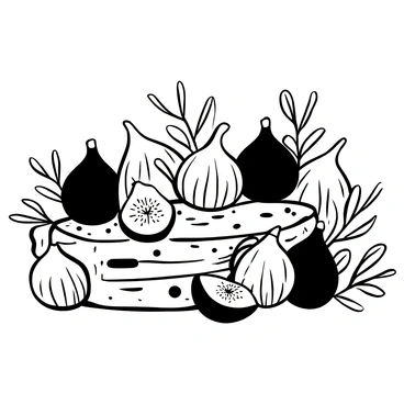 An arrangement of different types of figs displayed on a wooden surface. Each fig has a distinct shape and size, showcasing a variety of textures. Some figs are round, while others are more oblong. Each fig is intricately detailed, emphasizing their unique features. Surrounding the figs are scattered leaves and small branches, adding to the natural setting. The background consists of a soft, subtle texture that complements the figs.