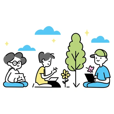 A group of students sitting on the grass at an open-air drawing class. Each student has a sketchbook on their lap and is focused on drawing. One student, wearing a blue t-shirt and glasses, is sketching a character inspired by a tall tree nearby. Another student, in a yellow dress, is drawing a whimsical character resembling a flower. A third student, wearing a green cap, is looking at a butterfly while sketching a character with wings. The backdrop consists of trees, a clear blue sky, and scattered clouds, creating a serene outdoor atmosphere.