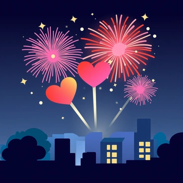 Vibrant heart-shaped fireworks are exploding in the night sky, casting colorful bursts of red, pink, and gold. Each firework forms a distinct heart shape as it radiates light and sparkles, illuminating the dark background. Below, silhouettes of trees and rooftops create a stark contrast against the bright colors, while the glow of the fireworks reflects off nearby buildings. The scene conveys a festive atmosphere, celebrating love and joy.
