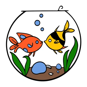 Two colorful guppies swimming closely together, gazing at each other in a friendly manner. One guppy has a vibrant orange body with blue spots, while the other has a shimmering yellow body with black markings. They are surrounded by soft green aquatic plants and small pebbles on the bottom of the tank, creating a lively underwater scene. Bubbles rise gently around them, adding to the serene atmosphere.