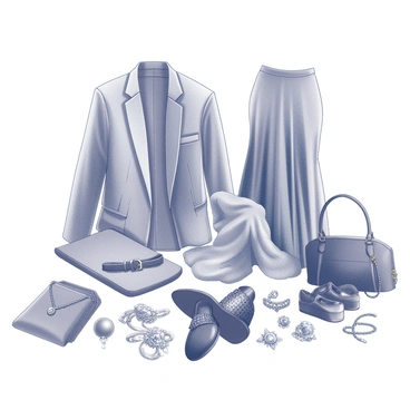 A detailed arrangement of various fashion items displayed together. The composition includes an assortment of clothing pieces such as a tailored blazer, a flowing dress, and a stylish pair of shoes. Textures like denim, silk, and leather are represented, with close-up views showcasing the intricate patterns and details of each fabric. Accessories like a handbag, a belt, and jewelry pieces are also included, arranged artistically around the clothing items. The overall setup creates a visually rich representation of contemporary fashion elements and styles.