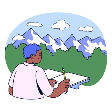 An artist standing at a high vantage point, focusing on a majestic mountain vista. The artist is using a Canson pad, with a sketch of the mountains in progress. The mountains are tall and rugged, covered in patches of snow and greenery. The sky is clear with a few fluffy clouds scattered. The artist is wearing a light-colored shirt and has a pencil in hand, intent on capturing the scene before them.