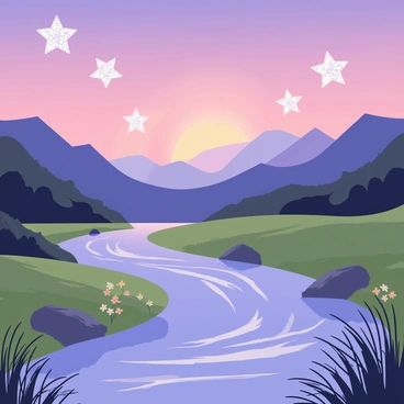 Star spren glowing softly and dancing above a gentle mountain stream at dusk. The stream has clear, flowing water reflecting the pastel colors of the sunset. Surrounding the stream are lush green grasses and small wildflowers. The sky is filled with hues of purple and orange as the sun sets, providing a serene backdrop to the scene. The star spren have ethereal, sparkling forms that twinkle with a light of their own, creating a magical atmosphere.