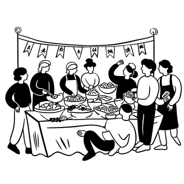 A bustling fair scene featuring people from various cultures. A group of individuals is gathered around a large, decorated table filled with an array of traditional dishes. Each dish is presented in distinctive serving ware. One person is serving a steaming bowl of noodles, while another is offering a plate of colorful pastries. In the background, flags representing different cultures are displayed. Nearby, a cooking demonstration is taking place where a chef is skillfully preparing a traditional dish, drawing the attention of an eager crowd. The atmosphere is lively, with individuals engaged in conversation and sharing their culinary heritage.