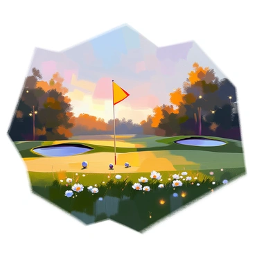 A golf hole is set against a backdrop of dusk, with the last light of the day casting soft shadows across the green. The flag is planted firmly in the hole, fluttering slightly in the light evening breeze. Fireflies illuminate the scene, their gentle glow creating a magical ambiance around the area. The grass is lush and manicured, and delicate flowers can be seen in the rough nearby. In the background, silhouettes of trees frame the golf hole, completing the serene landscape.