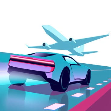 A sleek, modern sports car with a shiny metallic finish races along an airport runway. The car is designed with aerodynamic curves and has a bold color, enhancing its speed and performance. In the background, a large commercial airplane with a sleek fuselage is taking off, its engines roaring and nose lifting into the sky. The runway is lined with bright lights, creating sharp reflections on the wet asphalt. The scene captures the dynamic motion of both the car and the plane, showcasing a thrilling moment of speed and aviation.
