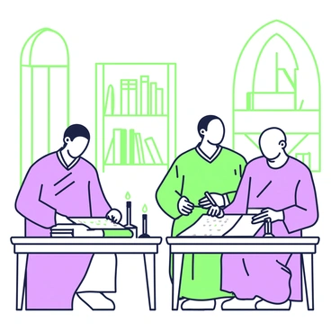 A group of monks is seated at wooden desks in a quiet scriptorium. Each monk is dressed in simple, flowing robes. One monk is focused on copying a manuscript, using a quill to carefully inscribe text on parchment. Another monk is next to him, reviewing a book that is open and resting on the desk. The scriptorium features tall windows that allow soft light to illuminate the room. In the background, shelves filled with neatly stacked manuscripts and scrolls are visible. A few candles flicker gently on the desks, providing additional light for the monks as they work diligently.