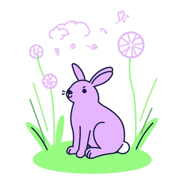 A rabbit is sitting on a grassy patch, facing the viewer, with its ears perked up. The rabbit is gently blowing out small, fluffy dandelion seeds, which are floating away in the breeze. Each seed is depicted clearly, dispersing into the air in various directions. The background features a few tall grass blades swaying softly, adding to the sense of a breezy day. Above, a few clouds are visible in the sky, and there is a hint of sunlight filtering through, casting soft shadows on the ground.