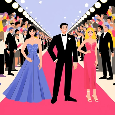 A glamorous red carpet extending into the distance, lined with bright flashing lights from cameras. A group of stylishly dressed celebrities stands proudly, each striking a pose for the photographers. One celebrity wears a flowing, sequined gown in deep blue, while another sports a sharp black tuxedo with a bow tie. A third celebrity has a bright red dress with intricate lace details. The background features a large crowd of excited fans and photographers eagerly capturing the moment. The scene is filled with the glimmer of camera flashes and the vibrant colors of the celebrities' outfits.